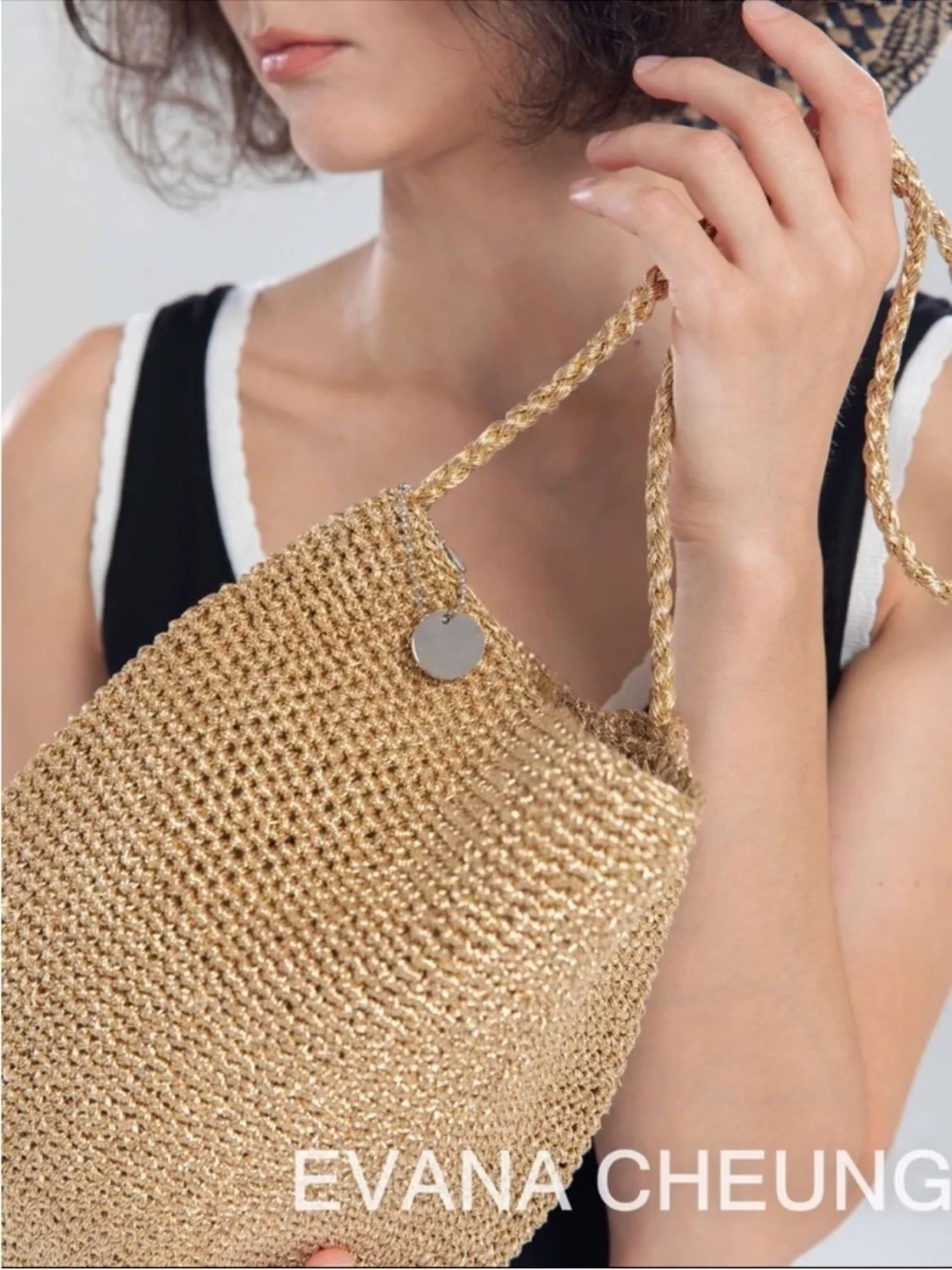 New Evana Cheung Summer Boho Woven Gold Bucket Shoulder Bag